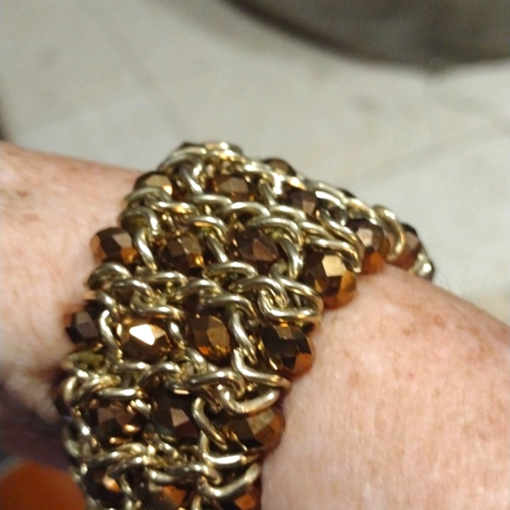 Vintage Gold Tone Chain Beaded Stretch Bracelet